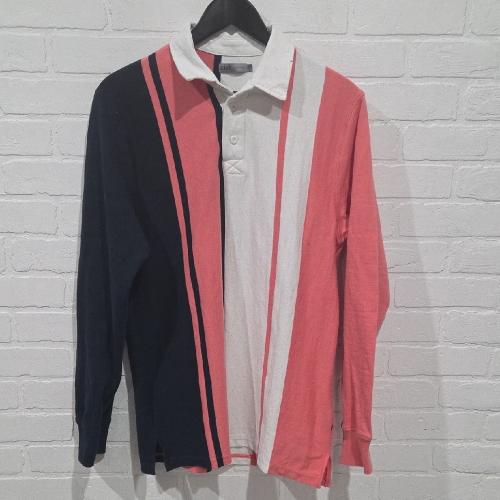 Navy, Pink, and White Striped Polo Shirt